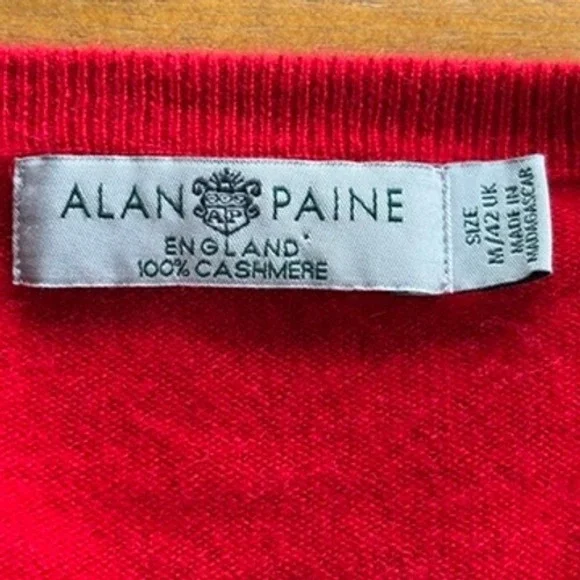 Alan Paine England 100% Cashmere V-Neck Sweater, Red, Size M /42 UK